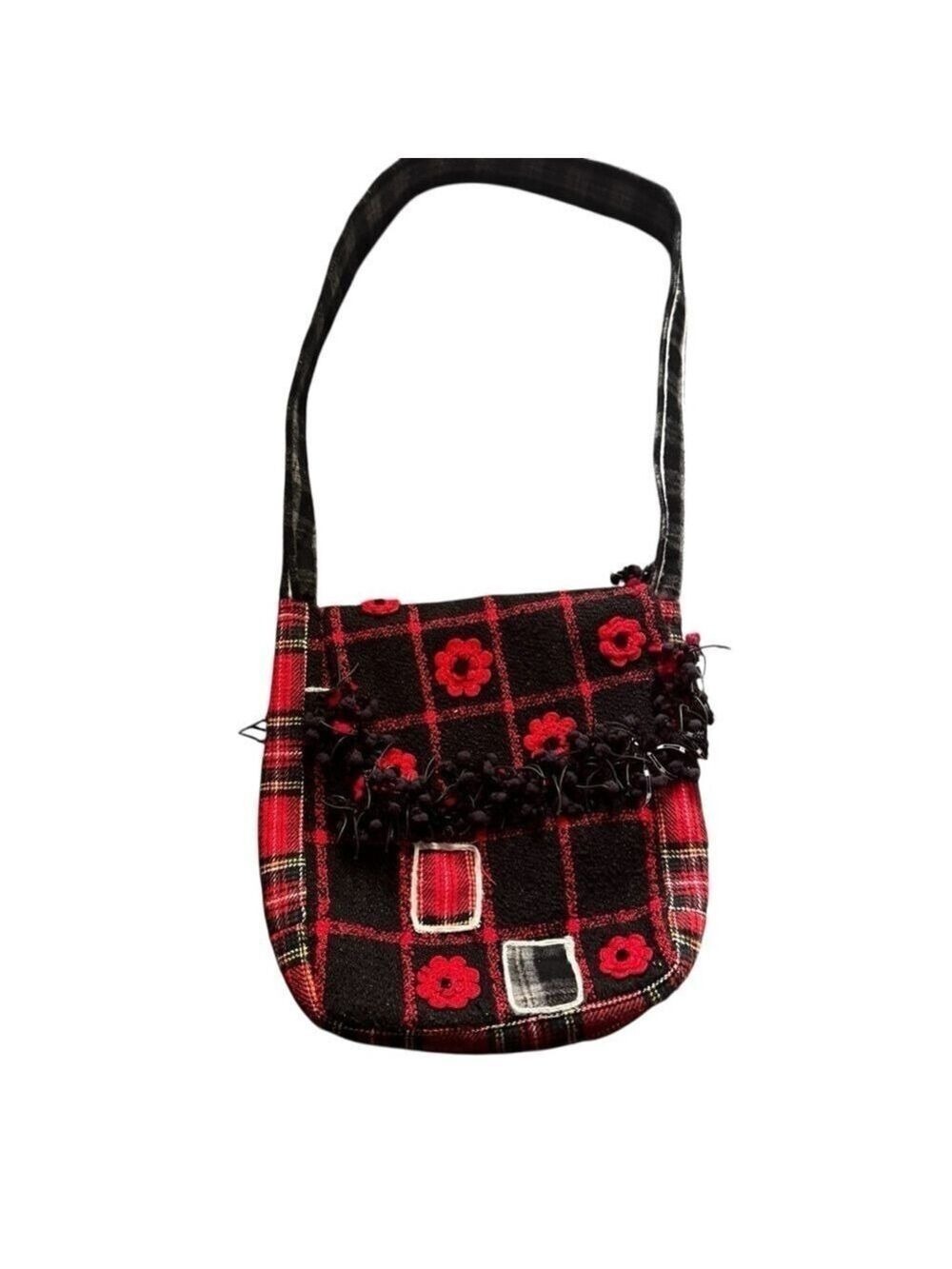 Red Black White Plaid Crossbody Bag with Floral Accents